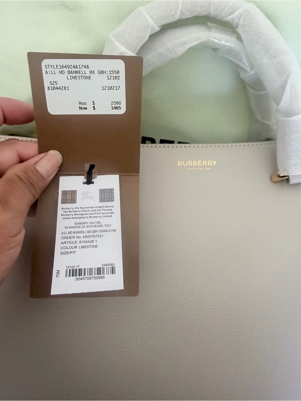 Burberry Limestone Leather Tote with Gold Logo